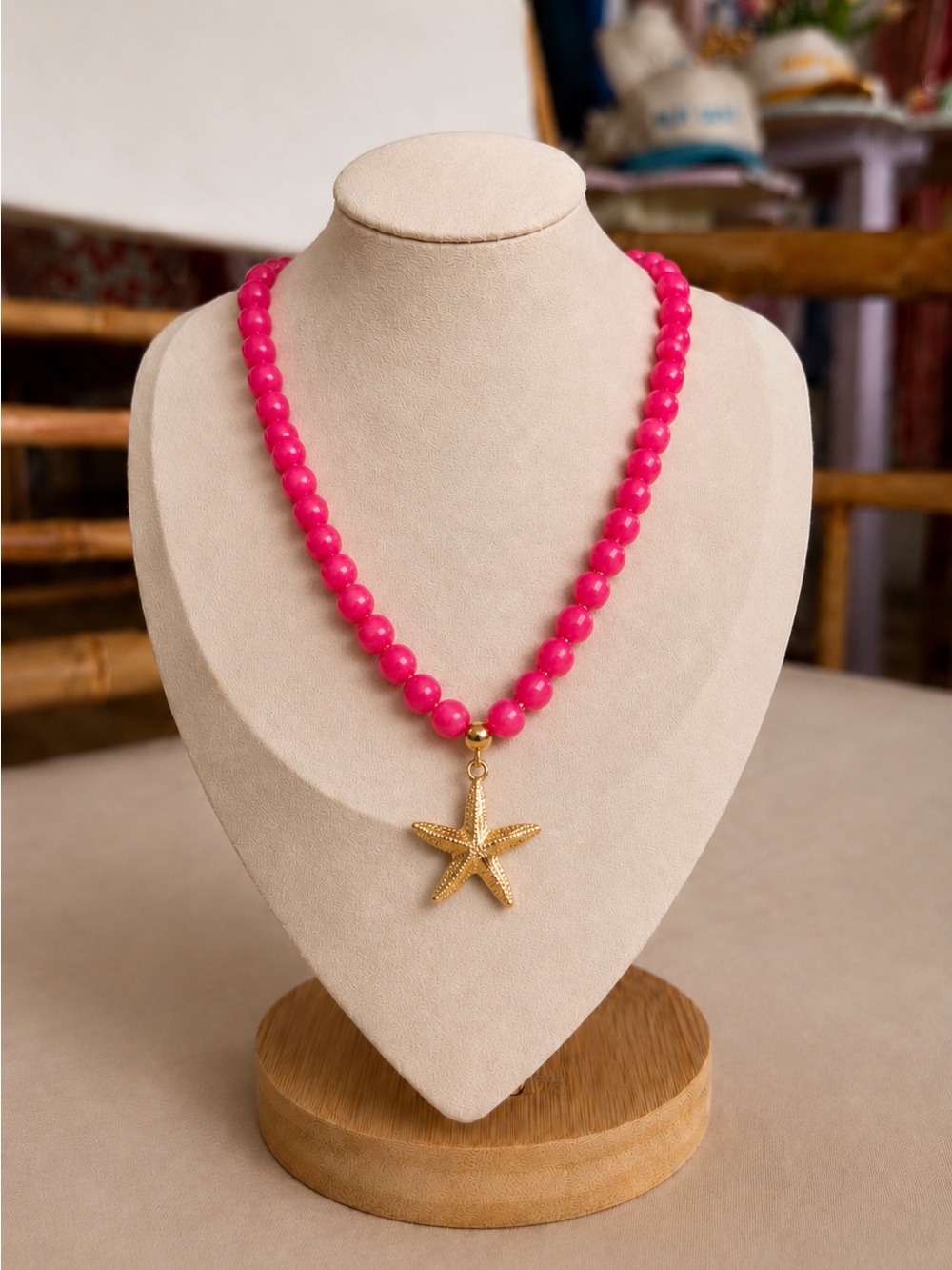 Bright Pink Beaded Necklace with Gold Starfish Charm